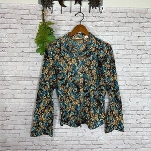 Vintage Wrangler Brown and Teal Paisley Floral Lace Bell Sleeve Blouse